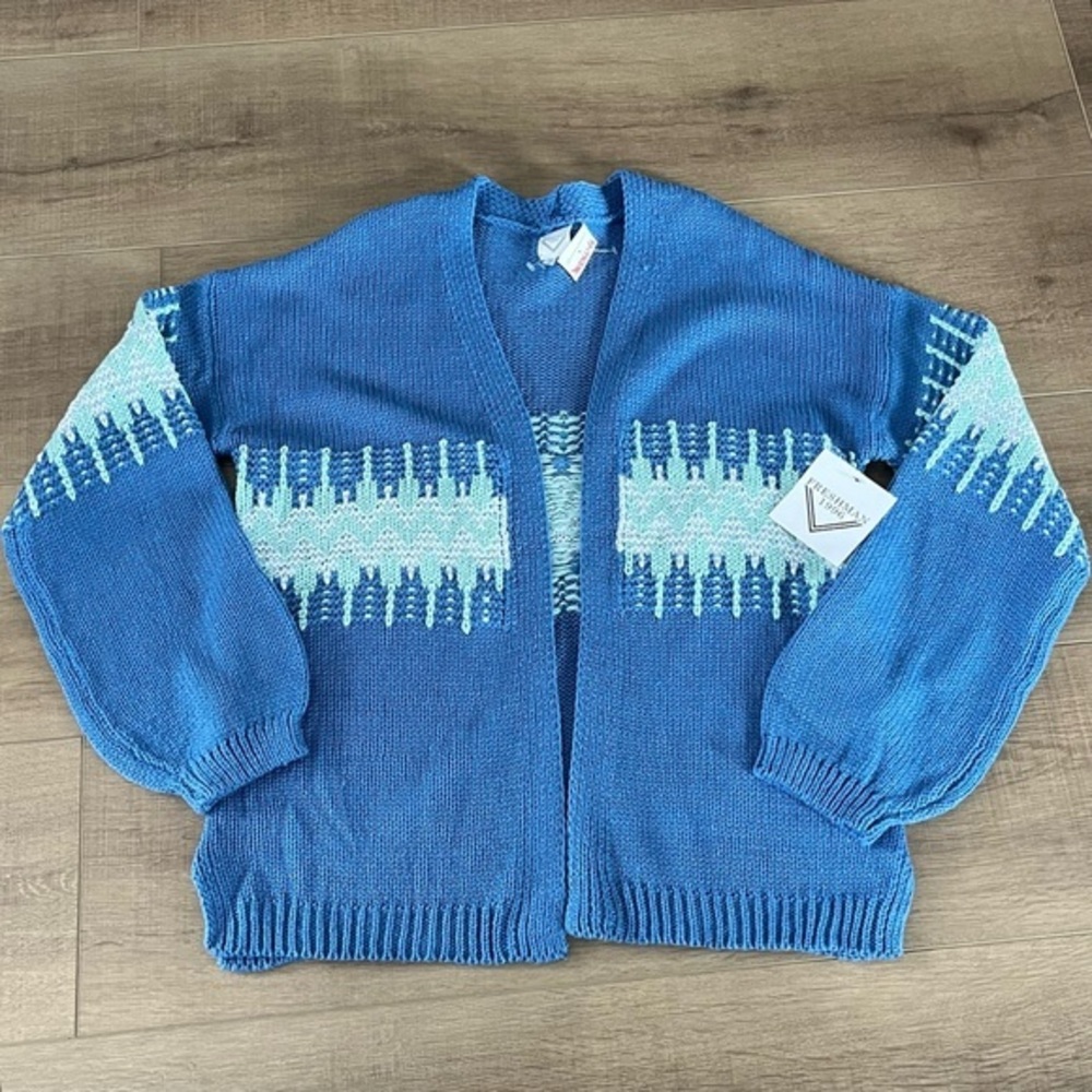 Freshman 1996 Blue Bohemian Fair Isle Medium‎ Cardigan Duster Raglan Sleeves NWT - Picture 8 of 12